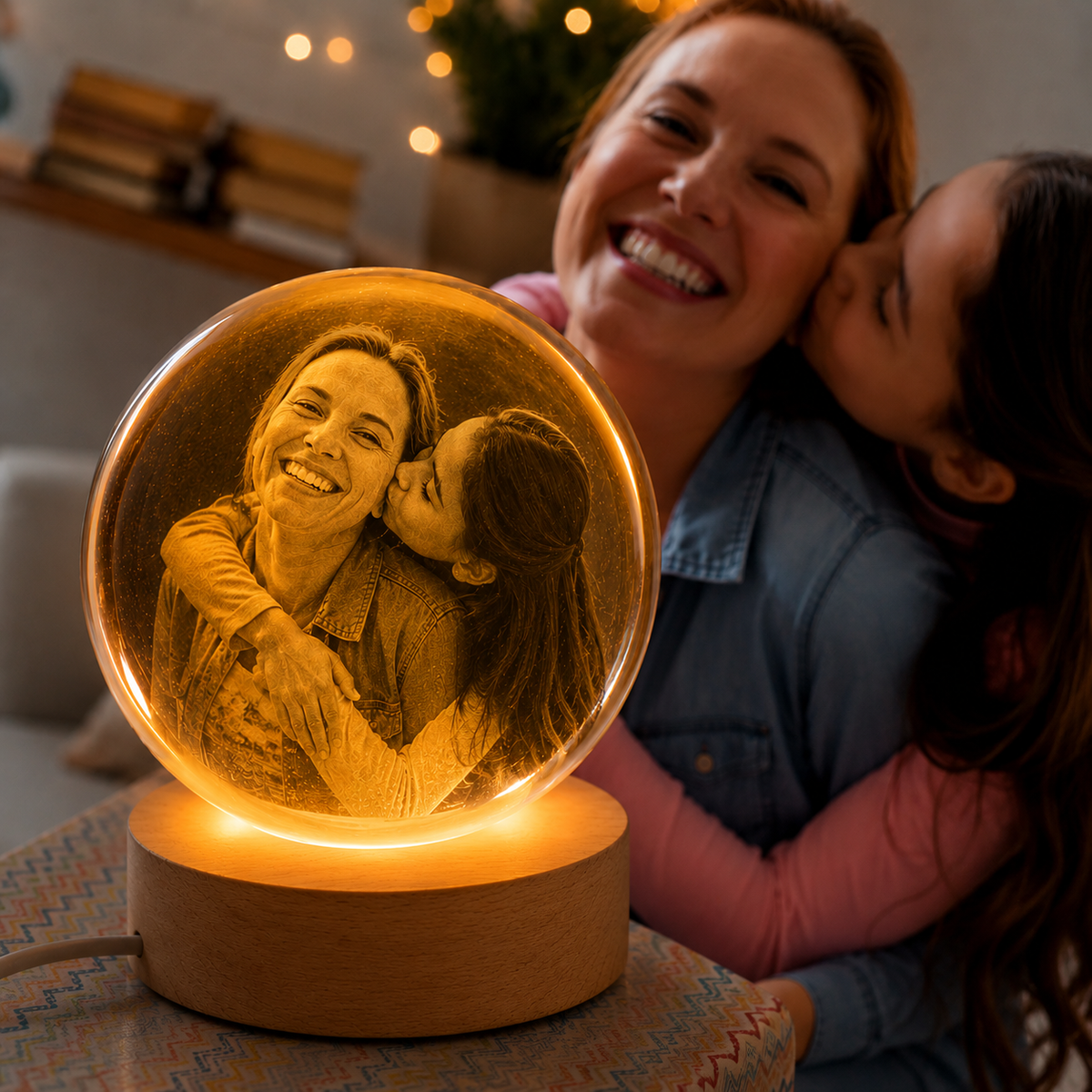 Kişiye Özel LED Işıklı Kristal Küre – 3D Lazer İşlemeli Ahşap Taban
