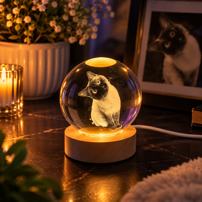 Kişiye Özel LED Işıklı Kristal Küre – 3D Lazer İşlemeli Ahşap Taban