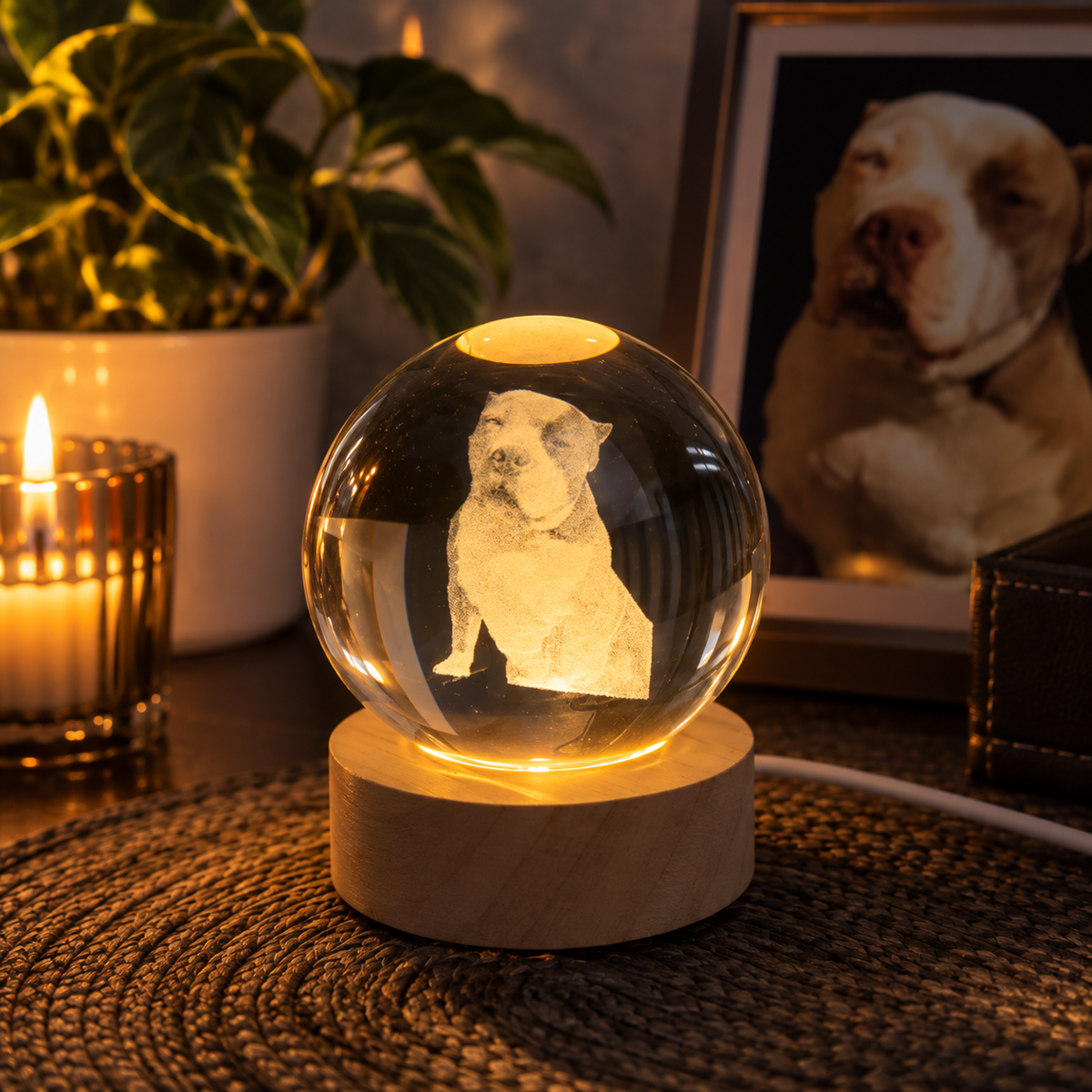 Kişiye Özel LED Işıklı Kristal Küre – 3D Lazer İşlemeli Ahşap Taban