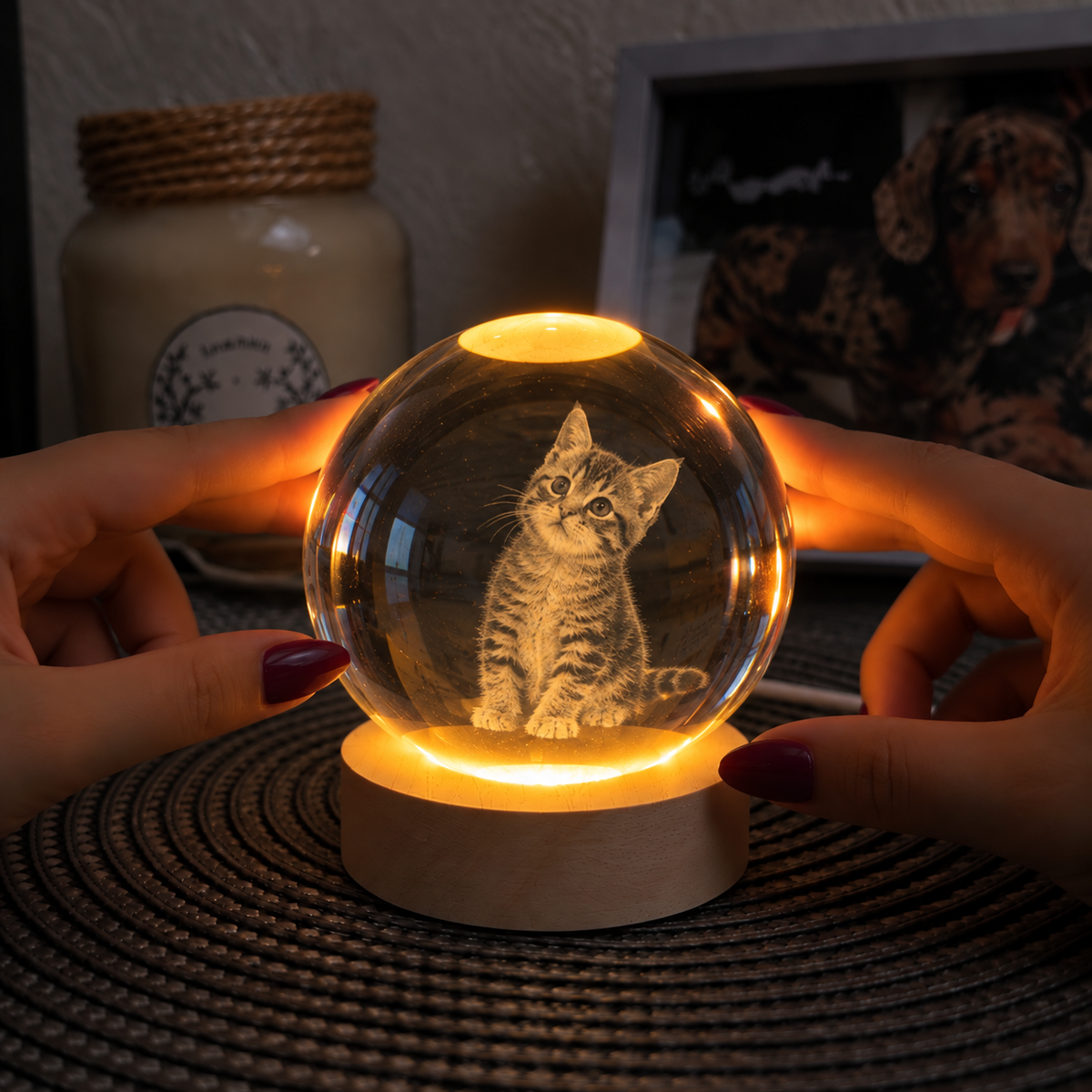 Kişiye Özel LED Işıklı Kristal Küre – 3D Lazer İşlemeli Ahşap Taban