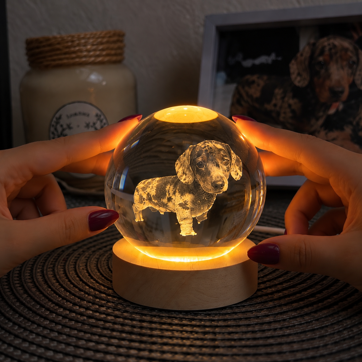 Kişiye Özel LED Işıklı Kristal Küre – 3D Lazer İşlemeli Ahşap Taban