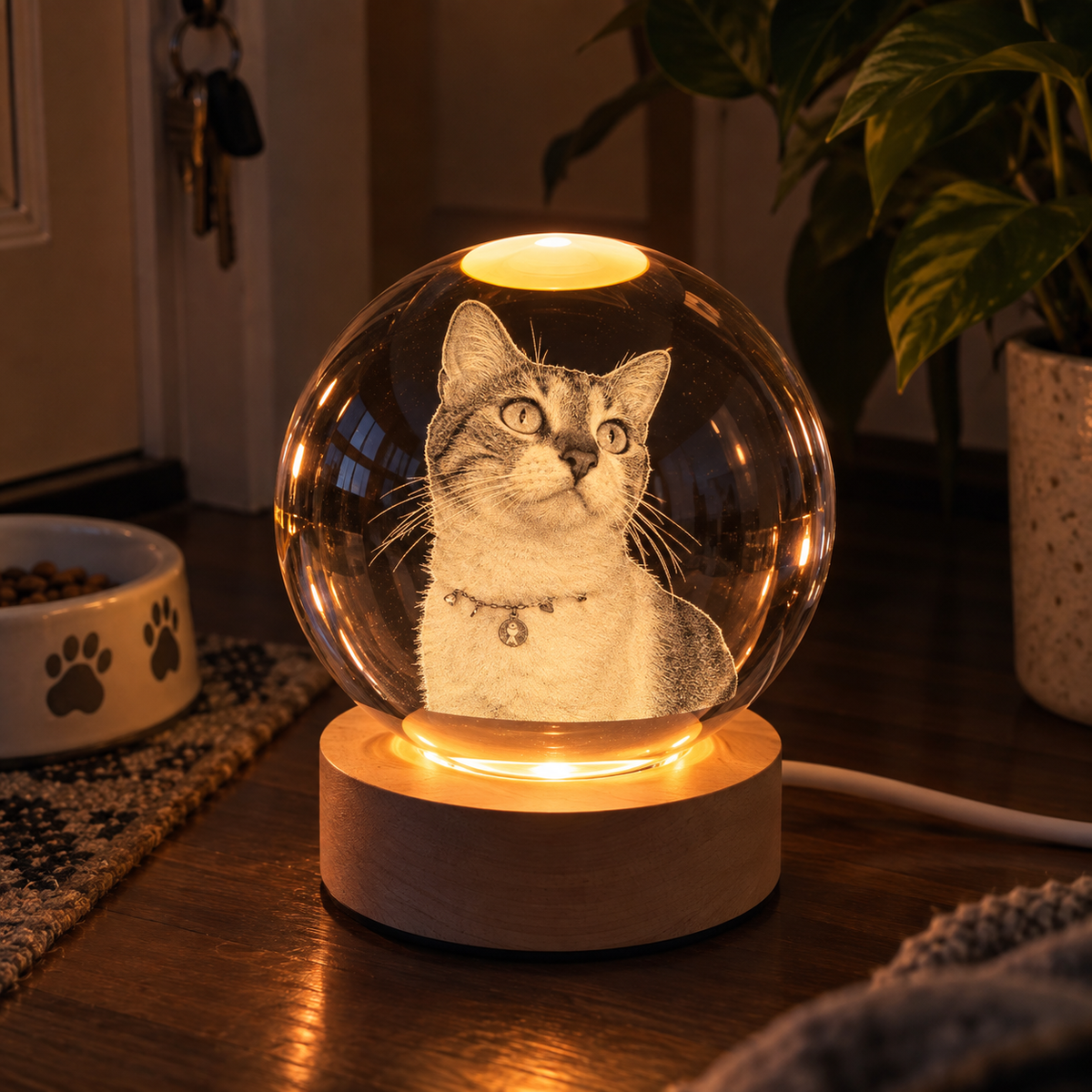Kişiye Özel LED Işıklı Kristal Küre – 3D Lazer İşlemeli Ahşap Taban