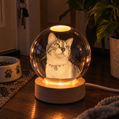 Kişiye Özel LED Işıklı Kristal Küre – 3D Lazer İşlemeli Ahşap Taban