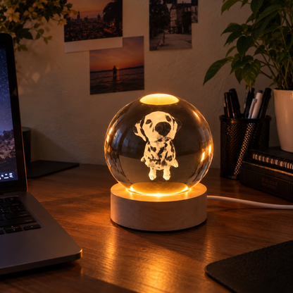 Kişiye Özel LED Işıklı Kristal Küre – 3D Lazer İşlemeli Ahşap Taban