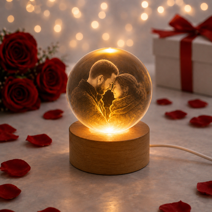 Kişiye Özel LED Işıklı Kristal Küre – 3D Lazer İşlemeli Ahşap Taban
