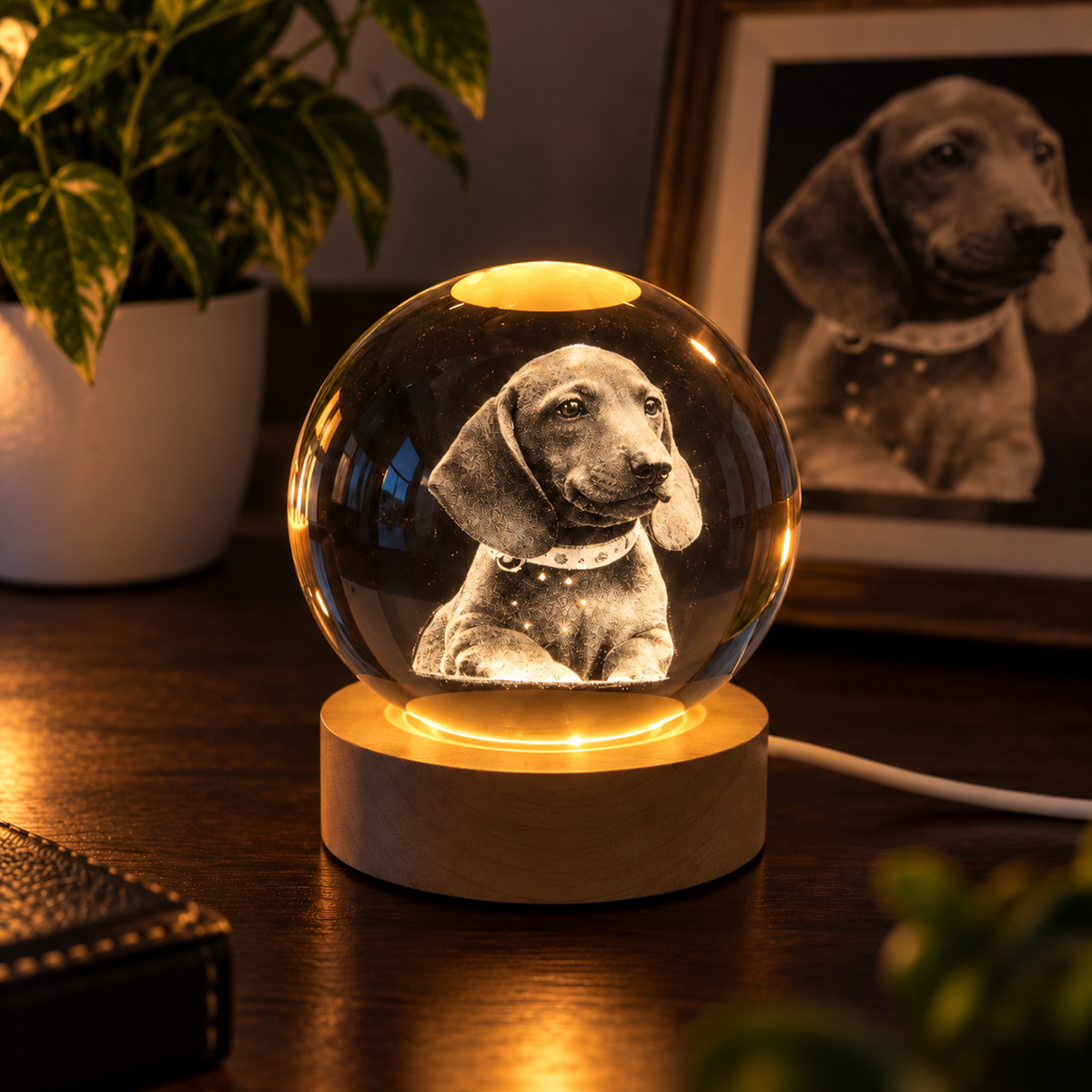 Kişiye Özel LED Işıklı Kristal Küre – 3D Lazer İşlemeli Ahşap Taban