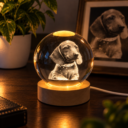 Kişiye Özel LED Işıklı Kristal Küre – 3D Lazer İşlemeli Ahşap Taban