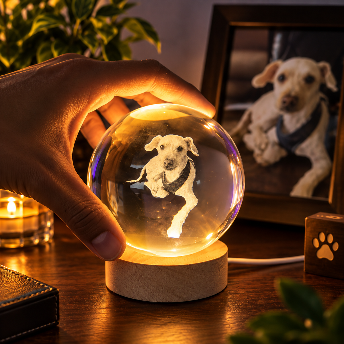 Kişiye Özel LED Işıklı Kristal Küre – 3D Lazer İşlemeli Ahşap Taban